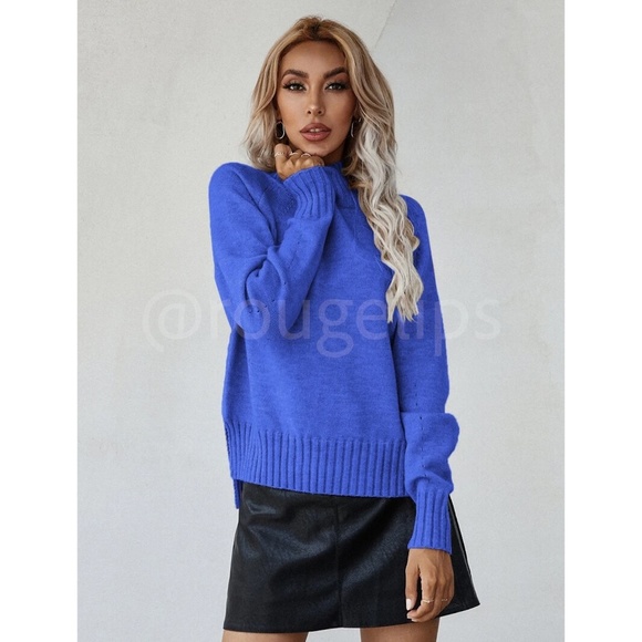 Royal Blue Knit Turtleneck Pullover Sweater Long Sleeve Side Slits - Picture 4 of 10